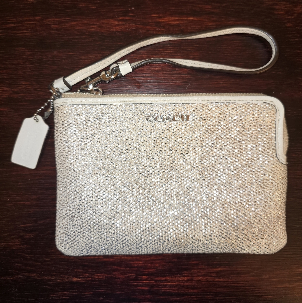 COACH White and Silver Sparkly Wristlet